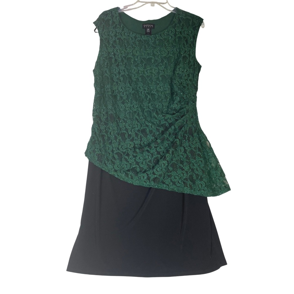 Enfocus Women Green Glitter Lace Asymmetrical Sheath Dress 14W